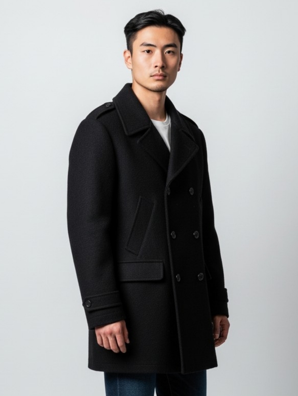 London Fog Black Double-Breasted Pea Coat with Epaulets 4411